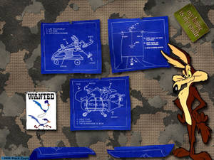 Wile E. Coyote 帶著設計圖和 Road Runner 的通緝海報。
