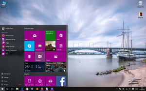Windows 10 開始功能表在河景場景中，有橋樑和歷史船隻。 — 桌面 壁紙