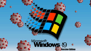 Windows 19 Vaccine Edition 標誌，病毒粒子在其周圍漂浮。 — 復古90年代風格 壁紙