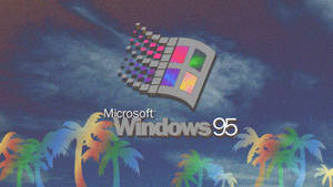 Windows 95 標誌與彩虹棕櫚樹，暮色天空下 — Windows 98 壁紙