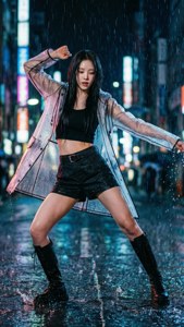 女子在夜間霓虹燈下濕漉漉的城市街道上穿著雨衣跳舞