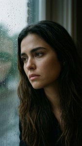 女性透過雨痕窗戶向外凝視，表情沉思。