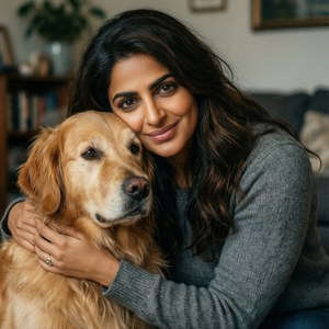 女性在客廳擁抱黃金獵犬