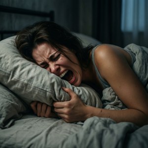 女性在床上夜間對著枕頭尖叫
