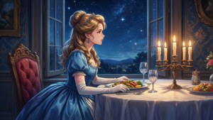身穿藍色禮服的女士在夜晚燭光下獨自用餐，欣賞星空景色。