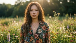 一位身穿花卉圖案上衣的女性站在陽光普照的野花草甸中。
