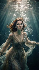 身穿飄逸長裙的女性在水下漂浮，伴有陽光光束和氣泡。