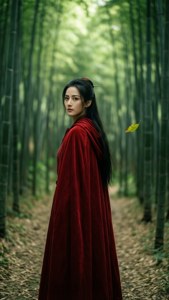 身穿紅色天鵝絨斗篷的女性站在竹林裡，陽光穿過樹木灑落下來。