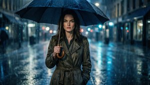穿著風衣的女性在夜晚的雨街撐傘。