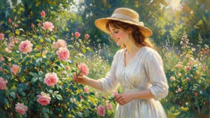 身穿白色連衣裙和草帽的女性在陽光花園中欣賞粉紅玫瑰。