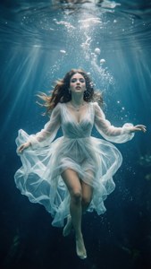 身穿白色連衣裙的女性在水下漂浮，伴隨著陽光和氣泡。