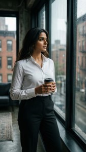 穿著商務服裝的女性手持咖啡，透過雨痕斑斑的窗戶凝視城市景觀。