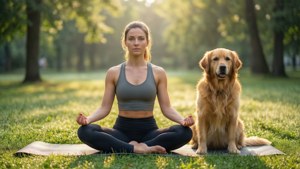 女士與黃金獵犬在公園草地上冥想