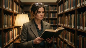 女性在燈光溫暖的圖書館裡，在高書架旁看書。