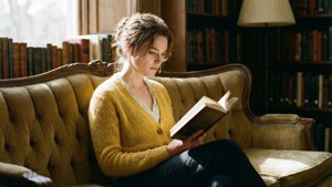 女性在陽光充足的圖書館裡的復古沙發上閱讀一本書。