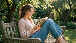 女性在陽光花園的木長椅上閱讀書籍，周圍環繞著綠樹