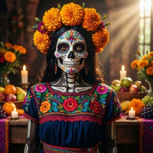 化著糖骷髏妝容、戴著萬壽菊花冠的女性，在一個擺滿水果和蠟燭的祭壇前。