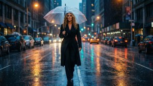 女性在夜間濕滑的城市街道上撐著透明雨傘雨中行走。
