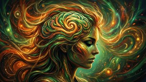 女人在繁星點點的星雲中，擁有綠色和橙色的宇宙漩渦頭髮。