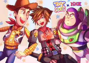 Woody Buzz Lightyear 和王國之心角色在星星背景下一起微笑。 — 王國之心 壁紙