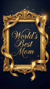 金色華麗相框，帶絲帶，深藍色背景上寫有「World's Best Mom」文字。