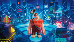 Wreck-It Ralph 和 Vanellope 在一個充滿活力的數位城市中，有發光的平台和社交媒體標誌。 — 卡通 壁紙