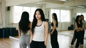 舞蹈室中看鏡子的年輕女子
