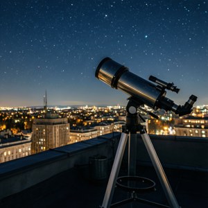屋頂上的望遠鏡俯瞰星空下的城市燈光 — Pixel Watch 4 壁紙