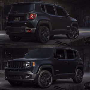 在黑暗工業倉庫中的霧面黑色Jeep Renegade SUV。 — iPad 第10代 壁紙