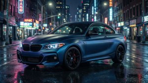 藍色BMW跑車停放在夜晚潮濕的城市街道上，在發光的霓虹招牌下。