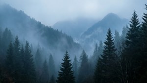 朦朧藍天下，長滿常綠樹的霧氣山間森林。