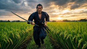 武士在日落時分持劍奔跑在稻田中