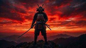 身穿盔甲的武士在日落時分於山頂手持刀劍。