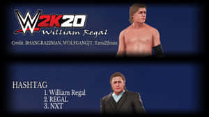 WWE 2K20 角色 William Regal 以兩種服裝在深藍色背景上展示，附有致謝和標籤。 — 摔角 壁紙