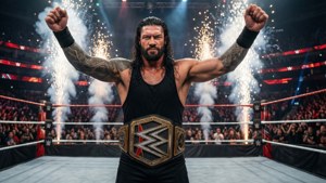 摔角手Roman Reigns在WWE擂台上以冠軍腰帶和舉起的拳頭慶祝勝利。