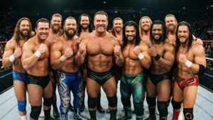 WWE摔角手在擂台上舉拳擺姿勢