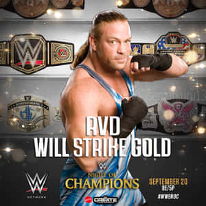 WWE摔角手RVD身穿藍白背心，自信地擺姿勢，身後冠軍腰帶閃耀光芒。 — 摔角 壁紙