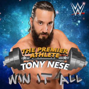 WWE摔角手Tony Nese握著槓鈴，背景為宇宙和文字。 — 摔角 壁紙