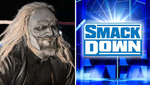 戴面具的WWE摔角手在場館的SmackDown標誌旁 — 運動 壁紙