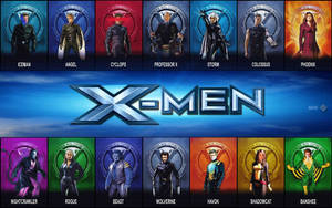 X-Men 團隊海報，以彩色圓形框架在藍色漸變背景上展示變種人。 — X Games 壁紙