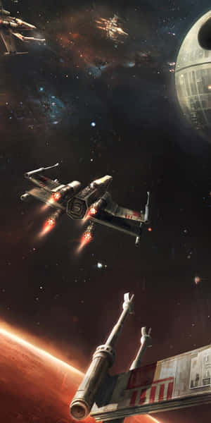 X-wing 戰機在太空戰役中飛近死星 — 星際大戰 壁紙