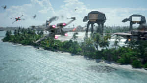 星際大戰戰鬥場景，X-wing 和 AT-AT 在熱帶島嶼上。 — 海灘日落 壁紙