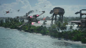 星際大戰 x-wing 戰機在熱帶海灘上空戰鬥，at-at 步行機前進。 — 酷炫星際大戰 壁紙