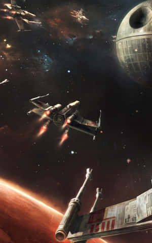 X-wing 戰機在紅色星球附近的太空戰中攻擊死星。 — Galaxy Tab S10+ 壁紙