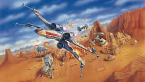 星際大戰戰鬥場景，沙漠景觀中有 x-wing 戰機和 at-at 步行機。 — 極限運動 壁紙
