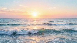夕陽下的海浪，柔和的粉紅色和藍色色調倒映在水面上。