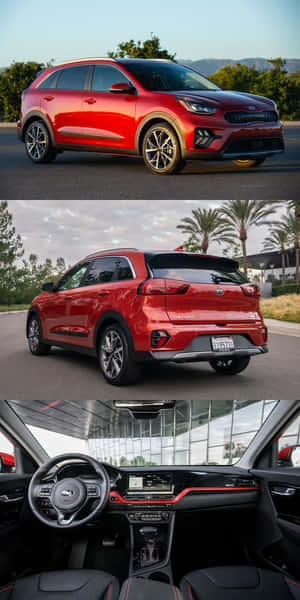 紅色Kia Niro SUV從外部和內部視角展示，背景是風景和城市。 — Pixel 3 壁紙