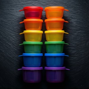 在深色石板背景上堆疊的彩虹食物容器 — Pixel Watch 4 壁紙