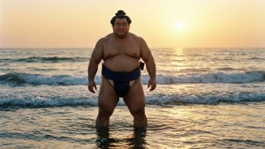相撲選手在日落時站在海水中