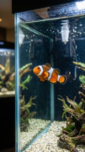 小丑魚在家用水族箱中與植物和礫石一起游泳。